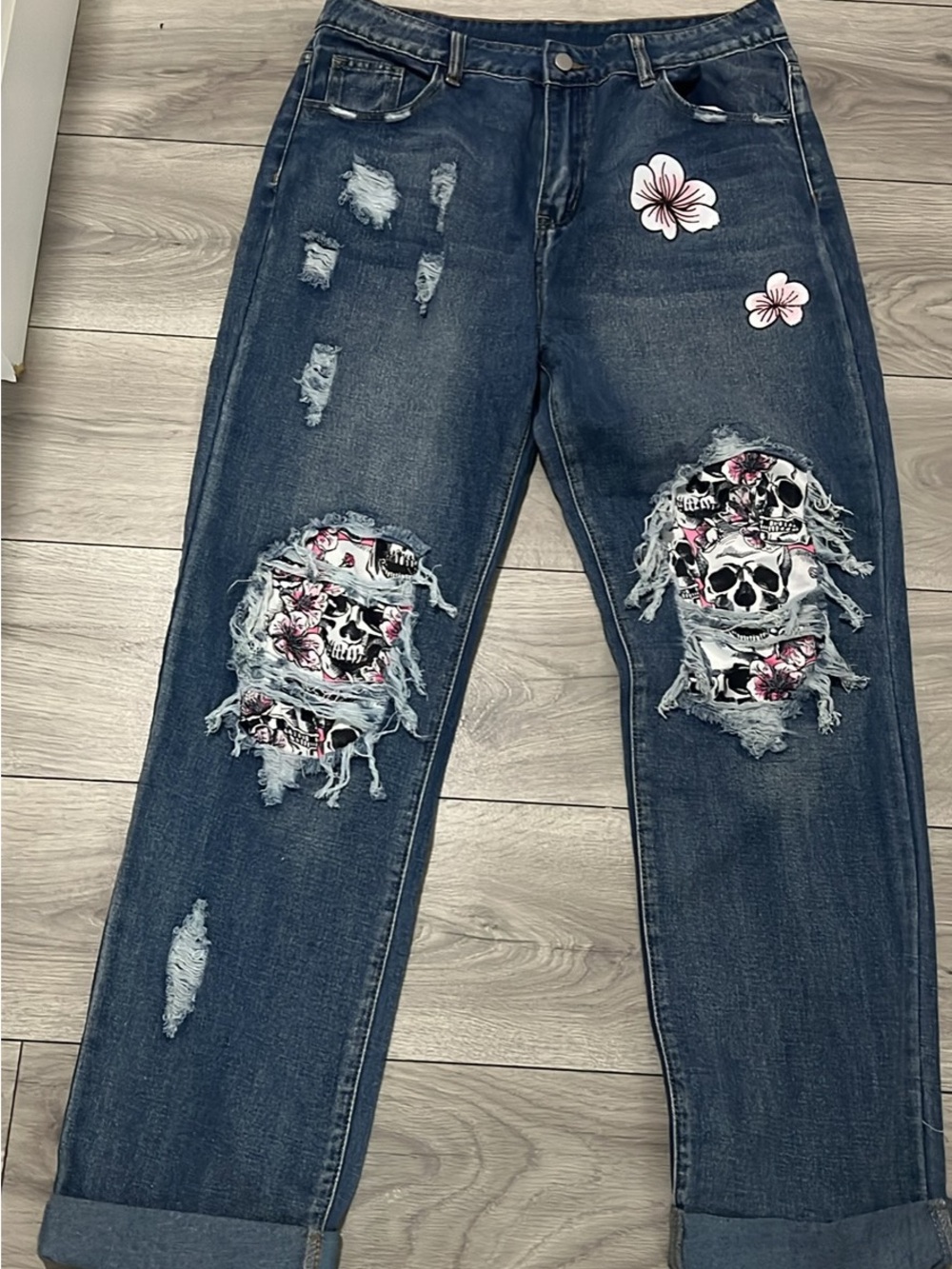 Dark Blue Distressed Floral Skull Jeans - Women